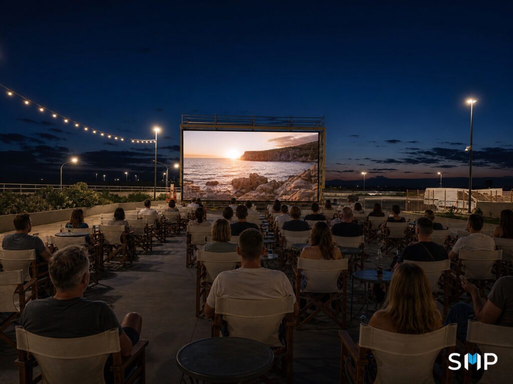 Open-air cinema installation in Cyprus with audience facing the outdoor screen
